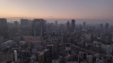 Aerial view of tall modern buildings in central Osaka on smoggy morning. High quality 4k footage