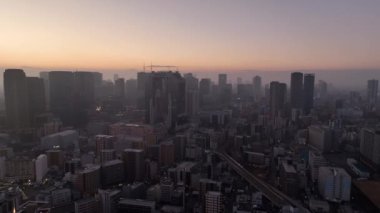 Aerial view of downtown Osaka and Umeda district in early morning