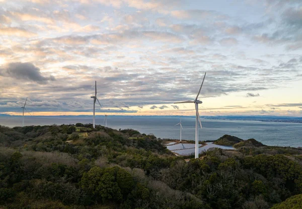 Wind Turbines Small Solar Farm Green Landscape Sea Sunset High — Stockfoto