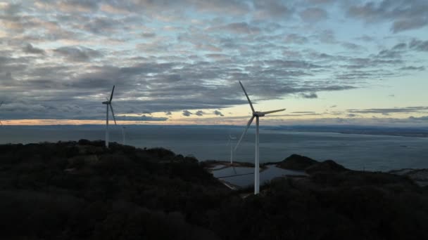 Aerial View Coastal Wind Turbines Awaji Island Sunset High Quality — Vídeo de stock