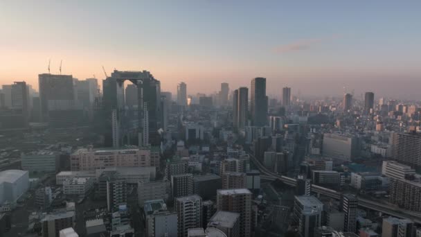 Aerial Departure Central Osaka High Rises Haze Sunrise High Quality — Stock video