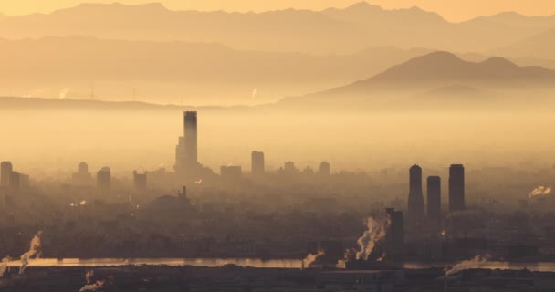 Skyscrapers Visible Smog Haze Osakas Factories Release Smoke Air Yodo — Stock Video