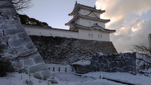 Snow Covered Akashi Castle Modern Tower Early Winter Morning High — Video