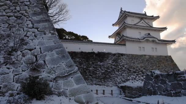 Замок Акаші Хьоґо Японія Рідкісний Сніжний Зимовий Ранок Кадри Високої — стокове відео