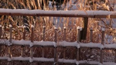 Snow covered traditional bamboo fence and dry winter grass in Japanese park. High quality 4k footage