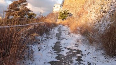 Tilt up from snow covered path to reveal historic Japanese castle in golden light. High quality 4k footage