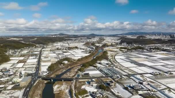 Aerial View Rice Fields Roads Small Japanese Farming Village Winter — Vídeos de Stock