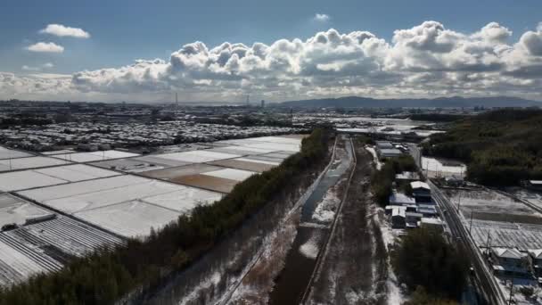 Rare Snow Suburban Houses Rice Fields Akashi Bridge Awaji Island — Stock video