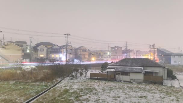 Time Lapse Snowfall Suburban House Busy Road Night High Quality — Video