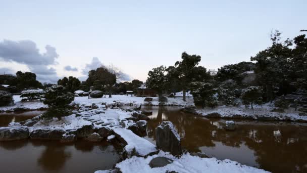 Snow Covered Stone Bridge Pond Quiet Japanese Garden Dawn High — Video