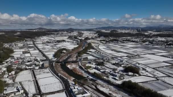 Aerial View Small River Road Farms Fields Snow High Quality — Vídeos de Stock