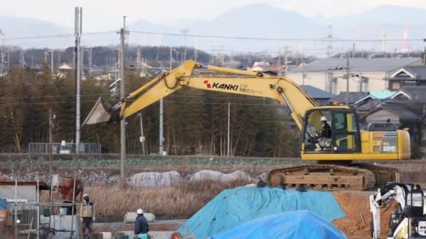 Hyogo Japan January 2023 Wheel Loader Moves Heavy Equipment Workers — Video Stock