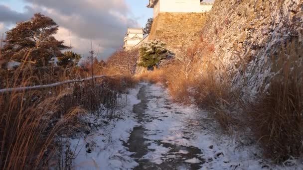 Powoli Przechyla Się Pokrytej Śniegiem Ścieżki Japońskiego Zamku Porannym Złotym — Wideo stockowe