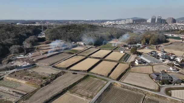 Aerial View Smoke Flames Fallow Fields Houses Small Town High — 图库视频影像