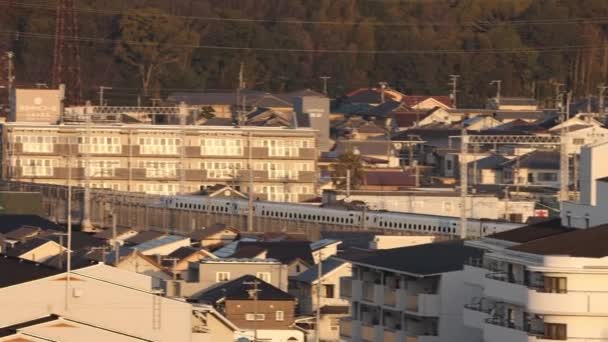 High Speed Train Shinkansen Rolls Apartments Houses Dense Japanese Town — Stockvideo