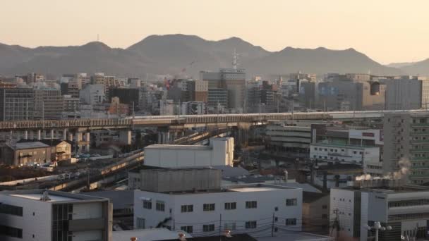 Elevated High Speed Rail Track Apartments Himeji City Distant Mountains — Stockvideo