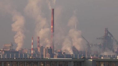 Kuşlar Büyük Endüstriyel Sanayi Santralinden Dalgalı Duman ve Hava Kirliliği ile uçuyor. Yüksek kalite 4k görüntü