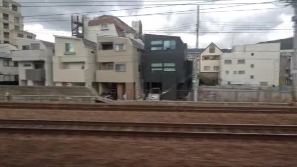 View Train Passing Typical Japanese Small City Cloudy Day High — Vídeo de Stock