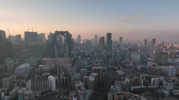 Aerial Approach High Rise Office Buildings City Sunrise High Quality — Stockvideo