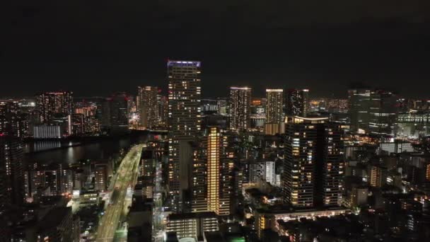 Luchtfoto Van Hoge Woon Kantoorgebouwen Moderne Stad Nachts Hoge Kwaliteit — Stockvideo