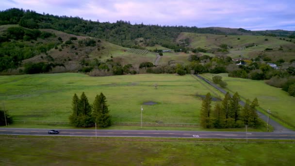 Auto Fährt Leere Landstraße Hinunter Kleine Stadt Grüner Kalifornischer Landschaft — Stockvideo