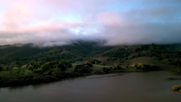 Nízká Růžová Mlha Ranní Slunce Svítí Zelené Kopce Severní Kalifornie — Stock video