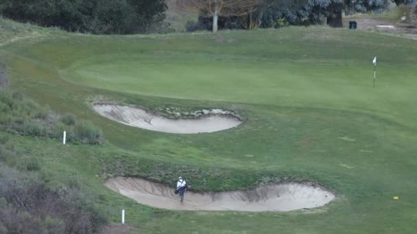 Golfçü Topunu Çimenliğe Atmak Için Kum Kapanına Giriyor Yüksek Kalite — Stok video