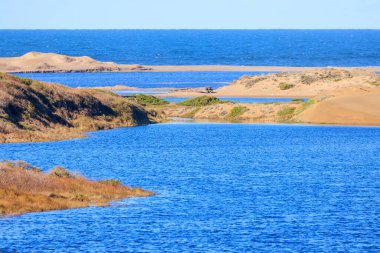 Çarpıcı Mavi Kıyı Gölü ve Point Reyes, California 'daki terk edilmiş kumsal. Yüksek kalite fotoğraf