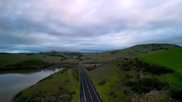 シングルカーは夜明けにマリン郡の緑の丘を通ってオープン道路をドライブします 高品質4K映像 — ストック動画