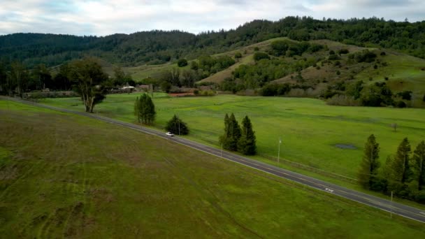 白い車は緑の丘陵地帯を通って空の田舎道を運転する 高品質4K映像 — ストック動画