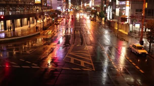 Lights Reflect Empty Street Osaka Station Pedestrian Crossing Distance High — Stock Video