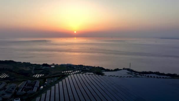 Zachód Słońca Rzędach Paneli Słonecznych Nadmorskiej Farmie Energetycznej Wysokiej Jakości — Wideo stockowe