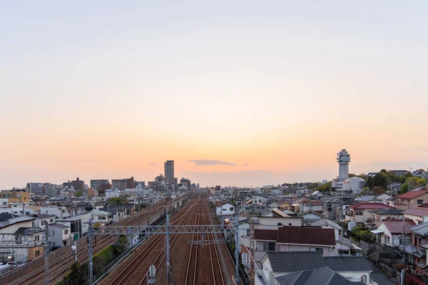 Akashi Japan April 2023 Sunset Train Tracks Neighborhood Clock Tower — Stock Photo, Image