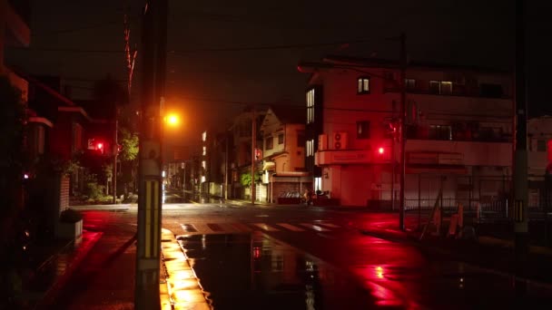日本明石 2023年4月14日 交通信号灯反射出夜晚安静社区潮湿街道的反光 高质量的4K镜头 — 图库视频影像