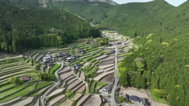 Aerial View Terraced Rice Fields Traditional Japanese Village Mountains High — Stock Video