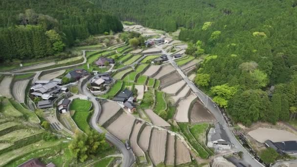 Flying Traditional Houses Farms Terraced Rice Fields Mountain Village High — Stock Video