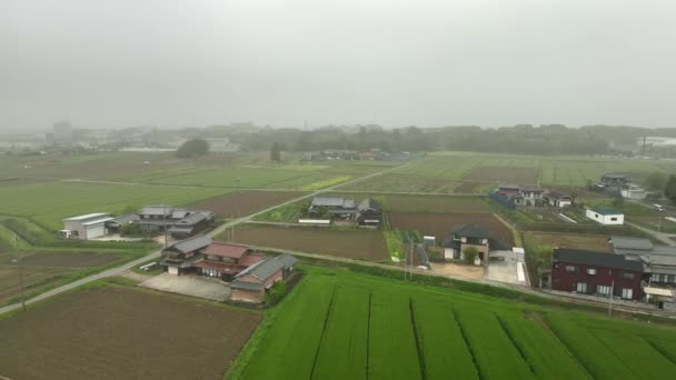 Überfliegende Felder Und Häuser Auf Kleinen Bauernhöfen Nebliger Landschaft Hochwertiges — Stockvideo