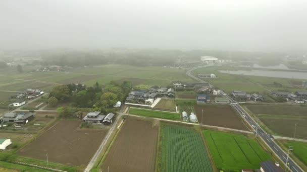 Αεροφωτογραφία Των Παραδοσιακών Ιαπωνικών Σπιτιών Από Χωράφια Ομιχλώδες Αγροτικό Τοπίο — Αρχείο Βίντεο