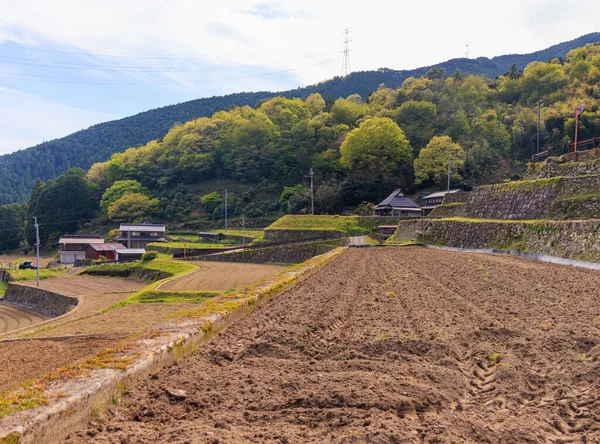 Plowed Soil Terraced Rice Field Traditional Japanese Rural Village High — Stock Photo, Image