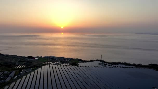 海岸能源农场的太阳能电池板 地平线上的太阳低低的海洋 高质量的4K镜头 — 图库视频影像