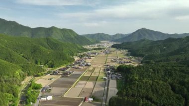 Dağ manzarasıyla kaplı pirinç içinde küçük bir Japon tarım kasabası. Yüksek kalite 4k görüntü