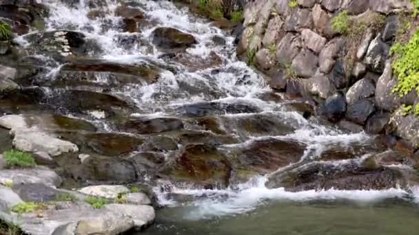 Вода Течет Над Камнями Бассейн Маленькой Реке Древней Каменной Стеной — стоковое видео