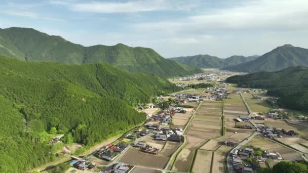Luftaufnahme Trockener Reisfelder Bei Häusern Gebirgstal Sonnigen Tagen Hochwertiges Filmmaterial — Stockvideo