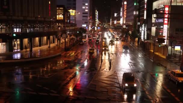 Osaka Japan April 2023 Bilbelysning Reflekterar Våt Gata Vid Osaka — Stockvideo