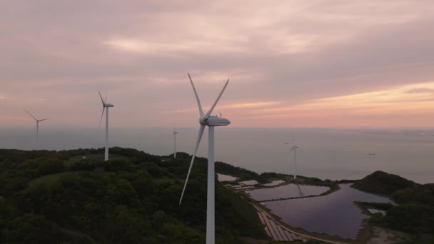 Rüzgâr Türbinleri Kıyıda Güneş Panelleriyle Döner Gökyüzünde Dramatik Günbatımı Rengi — Stok video