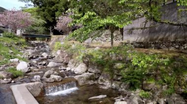 Su küçük beton şelaleden taşla kaplı akıntıya akar. Yüksek kalite 4k görüntü