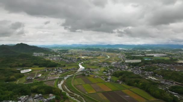 Vista Aérea Campos Terras Agrícolas Por Cidade Pequena Paisagem Rural — Vídeo de Stock