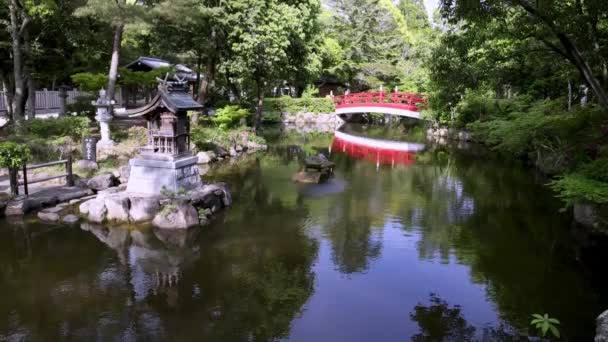 Vipp Opp Rolig Dam Til Rød Bro Fredelig Japansk Hage – stockvideo