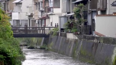 Yağmurlu bir günde, Japon şehrindeki sık evlerle nehir üzerinde küçük bir köprü. Yüksek kalite 4k görüntü