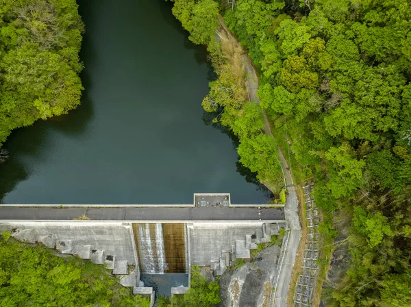 小水坝挡住了树木环绕的蓄水池中的水 高质量的照片 — 图库照片